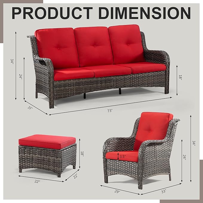 Wicker Patio Furniture Sets 7 Piece Set with One 3-Seat Sofa, 4 WIkcer Chairs, 2 Ottomans, Wicker Outdoor Furniture Set Patio Conversation Set, Red