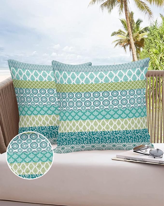 Outdoor Waterproof Throw Pillow Covers Set of 2 Teal Boho Stripe Tribal Vingtage Lumbar Pillowcases 20x20 Inch Green Bohemian Style Decorative Pillows Cushion Case Patio Pillows for Couch Bed Garden