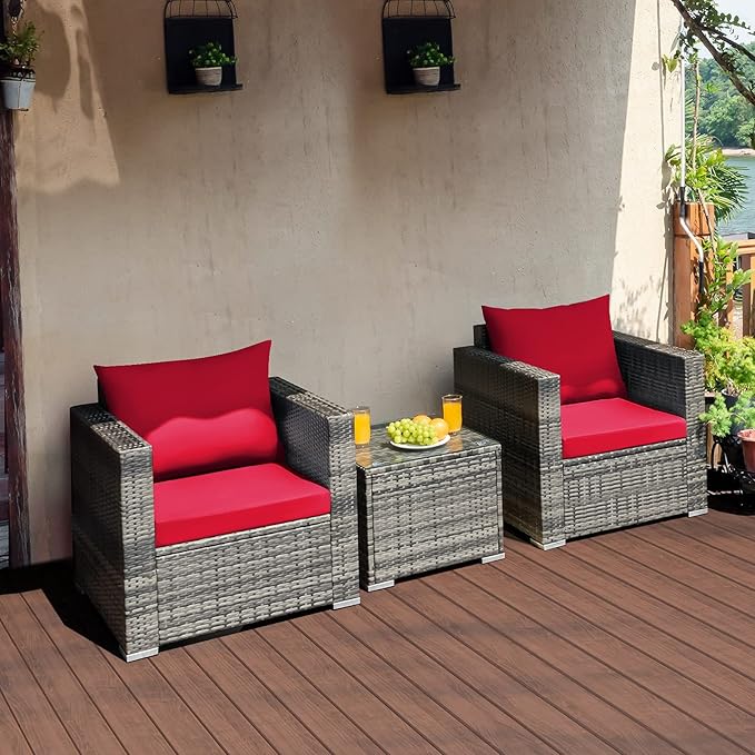 Tangkula 3 Pieces Patio Furniture Set, PE Rattan Wicker Sofa Set w/Washable Cushion and Tempered Glass Tabletop, Outdoor Conversation Furniture for Garden Poolside Backyard