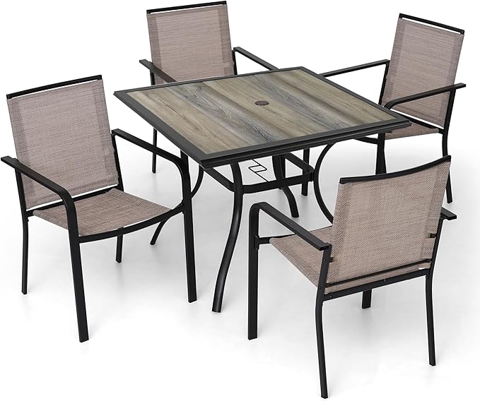 Anmutig Patio Stackable Chairs and 37" PVC Square Table Set fit 4 Person - Beige Grey