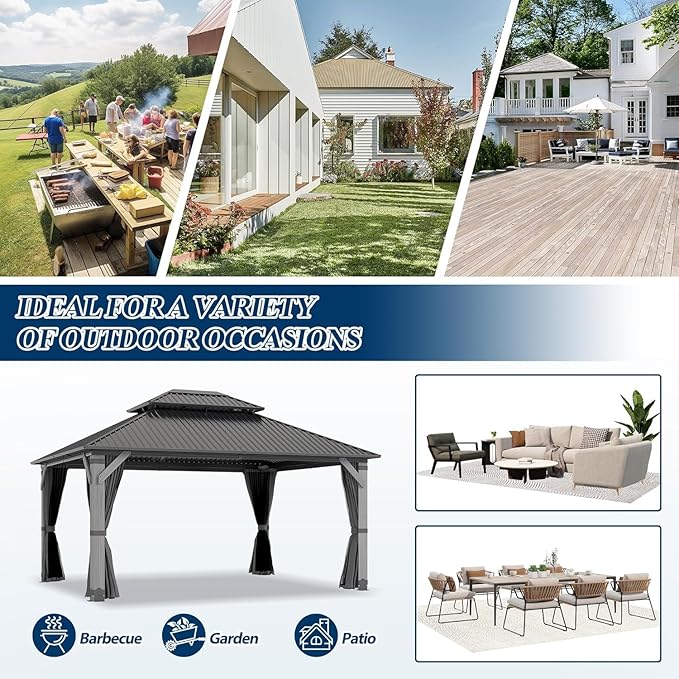 COVERONICS 12'x14' Outdoor Wood Gazebo - Hardtop Wooden Gazebo with Galvanized Steel Roof, Heavy-Duty Pavilion with Netting & Curtains for Garden, Poolside, Deck, Backyard