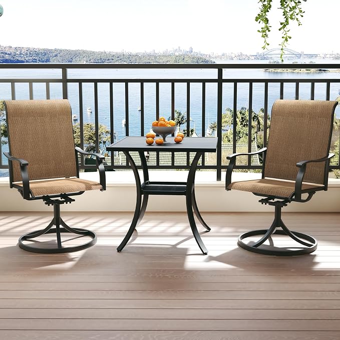 Anmutig 3 Piece Outdoor Patio Bistro Dining Set with 2 Swivel Dining Chairs & 1 Square Metal Dining Table, All Weather Dining Furniture Set for Lawn Garden Brown