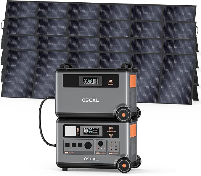 OSCAL 7200Wh Portable Power Station PowerMax 6000 with 4x500W Solar Panel, 120/240V Solar Generator, Max 6000W AC Outlets (9000W Peak), LiFePO4 Battery Power Station for Home, Camping, RV, Emergency