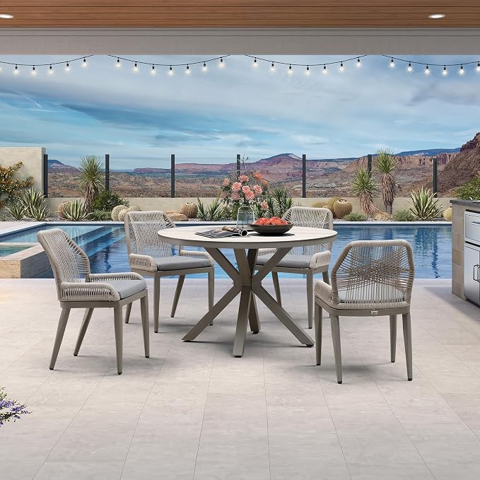 PURPLE LEAF 5 Pieces Round Dining Set Patio Aluminum Modern Oversize Round Table and Wicker Chairs with Cushions for Kitchen Porch Garden Outdoor Furniture Sets, Light Grey