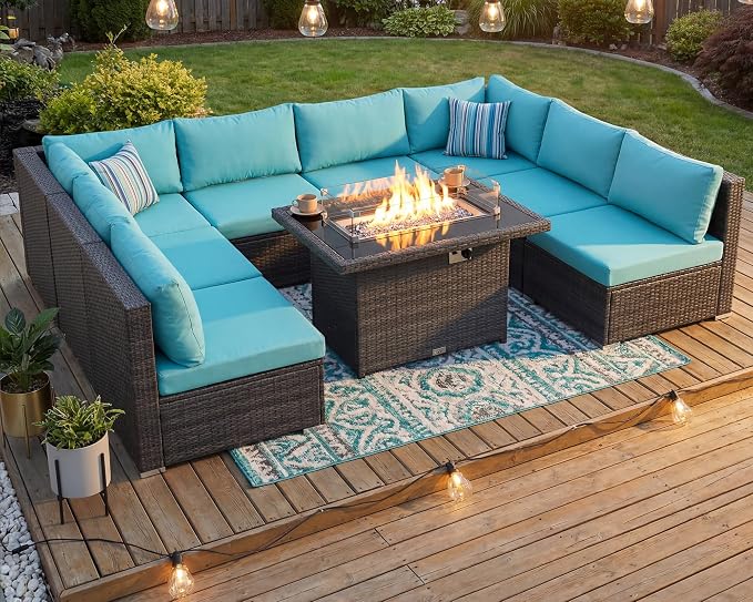 RADIATA 9 Piece Wicker Patio Furniture Set with Fire Pit, All-Weather Outdoor Sectional Couch High Back Large Size, Modular Backyard Seating Sofa Set with Propane/Natural Gas Firepit Table, Grey&Teal