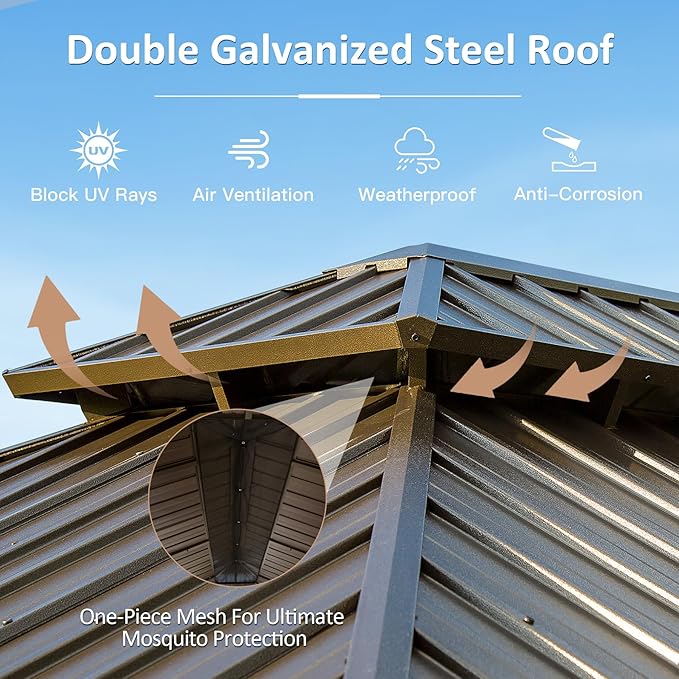 Domi 12' X 24' Hardtop Gazebo, Upgraded Metal Gazebo with Drainage System, Dual-Layer Galvanized Steel Roof, Curtain and Netting, Outdoor Shelter Canopy for Patio, Garden, and Backyard, Brown