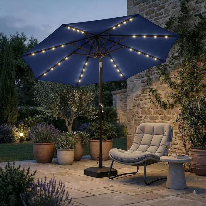 Kingdura 9FT Outdoor Patio Umbrella with Solar Lights, Market Table Umbrella with Push Button Tilt & Crank, 8 Sturdy Ribs, 32 LED Lights, UV Protection for Garden Lawn Deck Backyard Pool (Navy blue)