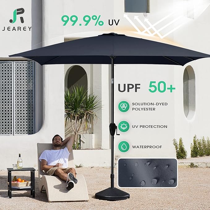 JEAREY 6.5'x10' Rectangular Patio Umbrellas Outdoor Large Market Umbrella With Push Button Tilt and Crank Lift System 6 Sturdy Ribs Sun Protection Water-proof Sunproof, Navy