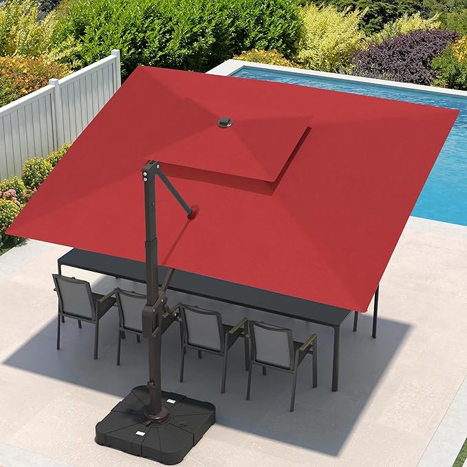 9x12 FT Cantilever Patio Umbrella with Led Lights Double Top Outdoor Rectangular Large Heavy Duty Aluminum Offset Umbrellas with 7 Level Tilt 360-degree Rotation for Pool Garden Deck, Wine Red