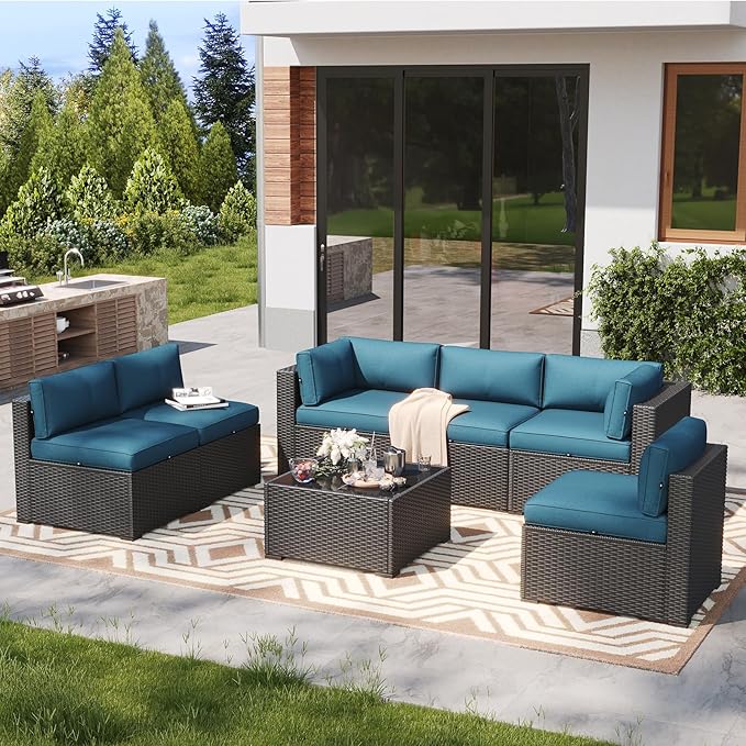 LazySunsets 7 Piece Outdoor Patio Furniture Set with Coffee Table, Outdoor Patio Furniture Sets with Waterproof Cover and 4'' Cushion, Wicker Rattan Outdoor Conversation Set for Backyard, Peacock Blue