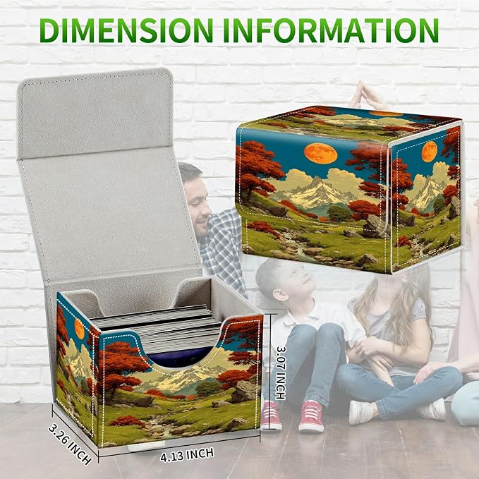 Card Deck Box for MTG, Cards Storage Box Fits 120+ Sleeved, Leather Small Size Strong Magnetic Closing Card Case for Board Games Magic TCG CCG Baseball Collection, Snow Mountain Moon Brook