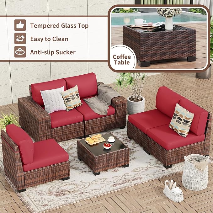 Outdoor Patio Furniture Set, 8'' Wide armrest Outdoor Sectional Rattan Sofa Set, Wicker Patio Furniture Sets w/Coffee Table,Thick Cushions and Cover for Porch, Balcony,Deck 6 PCS(Brown&Wine)