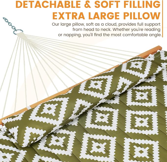 Lazy Daze Hammocks 12FT Quilted Fabric Hammock with Soft Pillow, Double 2 Person Tree Hammock with Spreader Bar for Outside Patio Poolside Backyard Beach, 450 lbs Capacity, Green Geometric