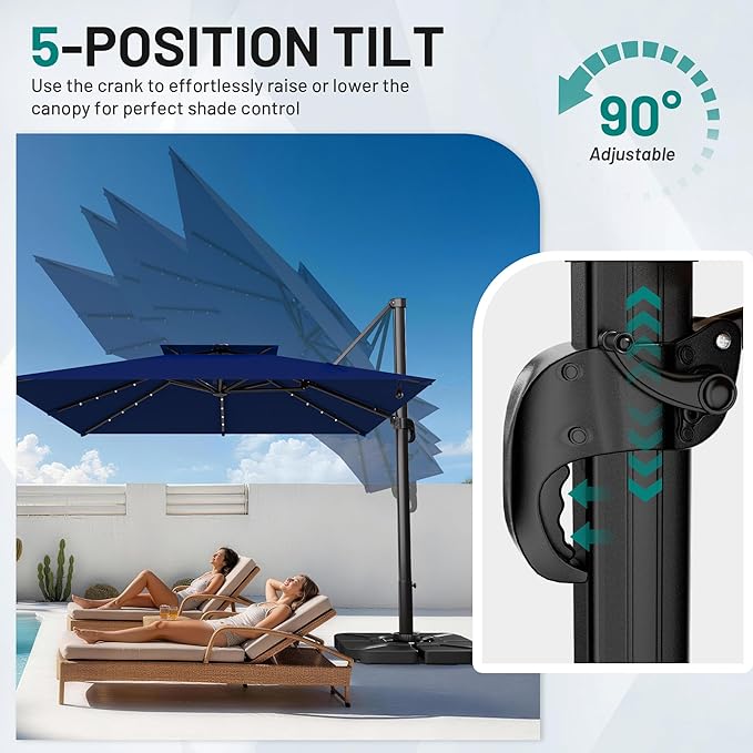 AreShark 10×10FT Solar LED Cantilever Umbrella with Base Included, Double-Top Outdoor Patio Offset with 360 Degree Rotation, Square Offset Hanging Umbrella for Garden Deck Pool, Navy