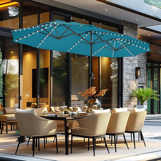 GREEN PARTY 13ft Outdoor Patio Umbrella with Solar Lights, 120 LED 12-Mode Large Double Sided Rectangular Table Umbrella, Heavy Duty Triple-Head Shade for Backyard Deck & Poolside, Cerulean(No Base)