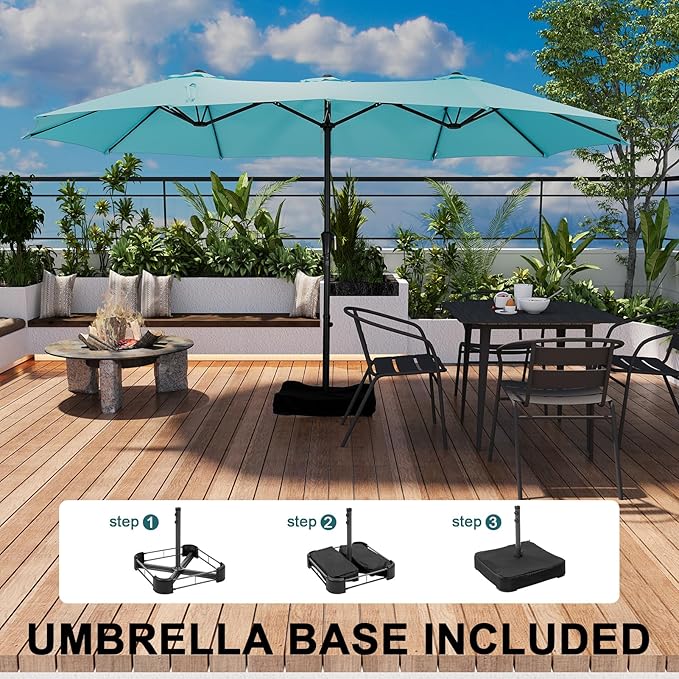 15 ft Patio Umbrella with Base, Large Rectangle Outdoor Umbrella with Matching Stand, Strap, Crank, Blue