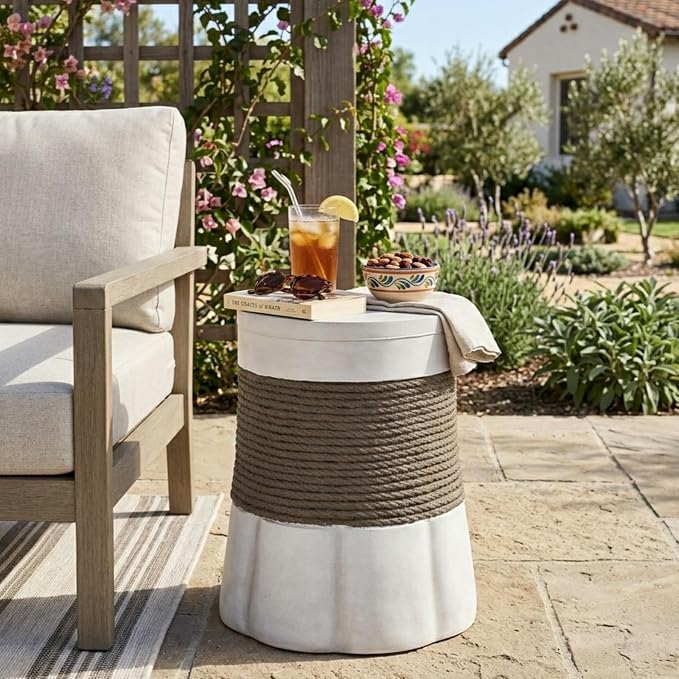 Outdoor Side Table, Woven Rope & MGO, Brown,Gray