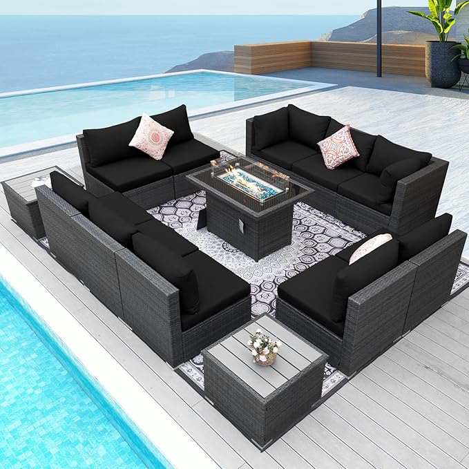 NICESOUL 13 Piece Outdoor Sectional Furniture with Firepit, Contemporary Back Yard Fireplace w/Seating Area, Plus Size 29.3'' High Back Patio Set, All-Weather Wicker Couch for Exterior, Gray & Black
