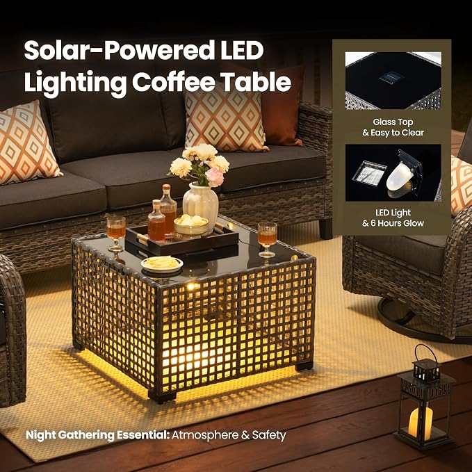 7 Piece Wicker Patio Furniture Set with Firepit Table, Black | Outdoor Deep Seating Sofa Chair Ottoman, Firepit, Solar Lights Table, Modern Conversation Set, Porch Deck Backyard