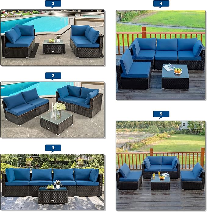 COSTWAY 5-Piece Outdoor Patio Furniture Set, PE Rattan Sofa Chairs with Cushions and Tempered Glass Coffee Table, Conversation Sofa Set for Backyard Garden (Navy)