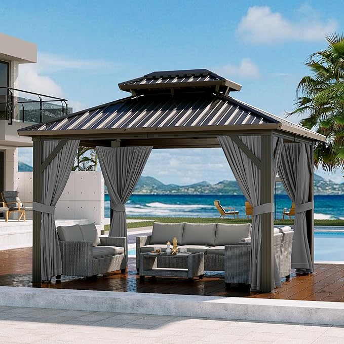 12'x10' Hardtop Gazebo, Heavy Duty Aluminum Permanent Hardtop Gazebo Outdoor Pavilion with Curtains and Netting for Garden
