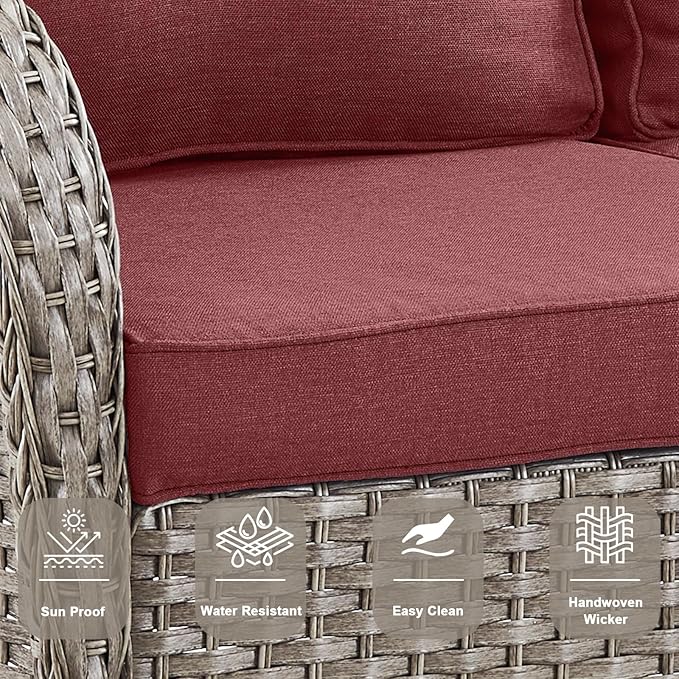 Belord Wicker Outdoor Furniture Set - 7 Piece Patio Conversation Sets with Comfort Swivel Rocker Glider Patio Chairs Set of 2 and Rattan Sofa, Tempered Glass Coffee Table and Side Table,Gray/Red