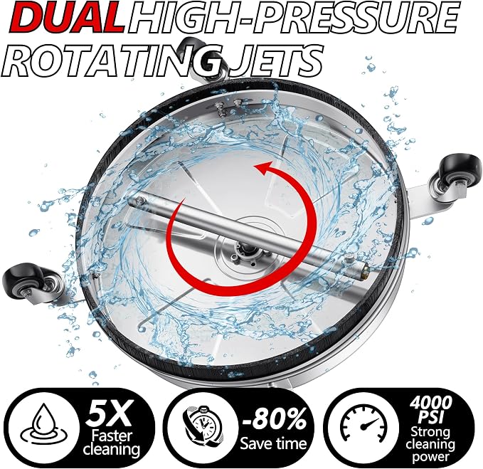 16" Pressure Washer Surface Cleaner Pro with 4 Wheels, Stainless Steel 2 Extension Wands, Power Washer Surface Cleaner Hot Water Supported for Patio Decker Concrete Driveway, 3000 PSI