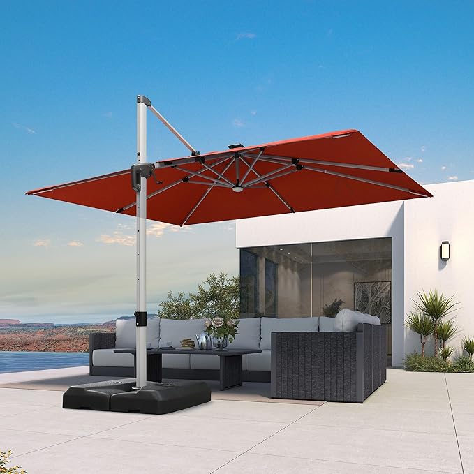 PURPLE LEAF Patio Umbrella with Base 9' X 12' Outdoor Rectangle Cantilever Umbrella Solar Powered LED with 360-degree Rotation for Garden Deck Pool Patio, Terra