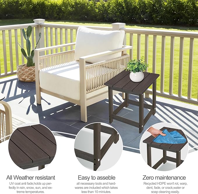 LZRS Patio End Table, Heavy Duty HDPE Outdoor Coffee Table with Wood Texture, Weatherproof Composite Table for Adirondack Chairs, Deck, Pool, Indoor/Outdoor, No Peeling or Cracking(Brown Mixture)