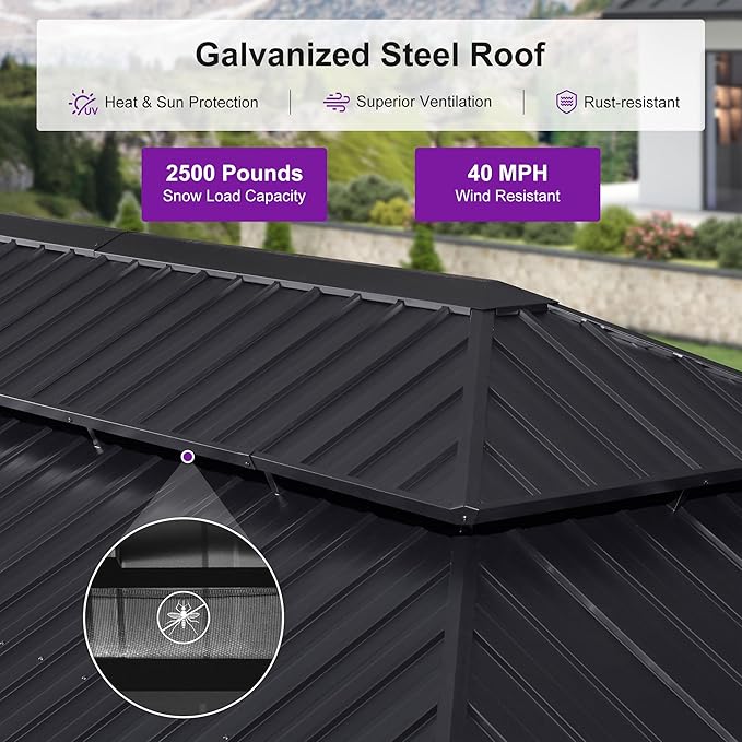 PURPLE LEAF 14' X 24' Outdoor Hardtop Gazebo for Patio Galvanized Steel Double Roof Permanent Canopy Teak Finish Coated Aluminum Frame Pavilion Gazebo with Netting
