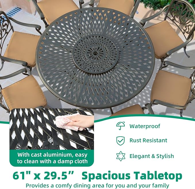 VIVIJASON Outdoor 61" Patio Dining Table for 6-8 Person, Patio Round Dining Table with 24" Lazy Susan, Cast Aluminum Rustic Patio Table W/Umbrella Hole for Balcony, Porch and Deck, Dark Bronze