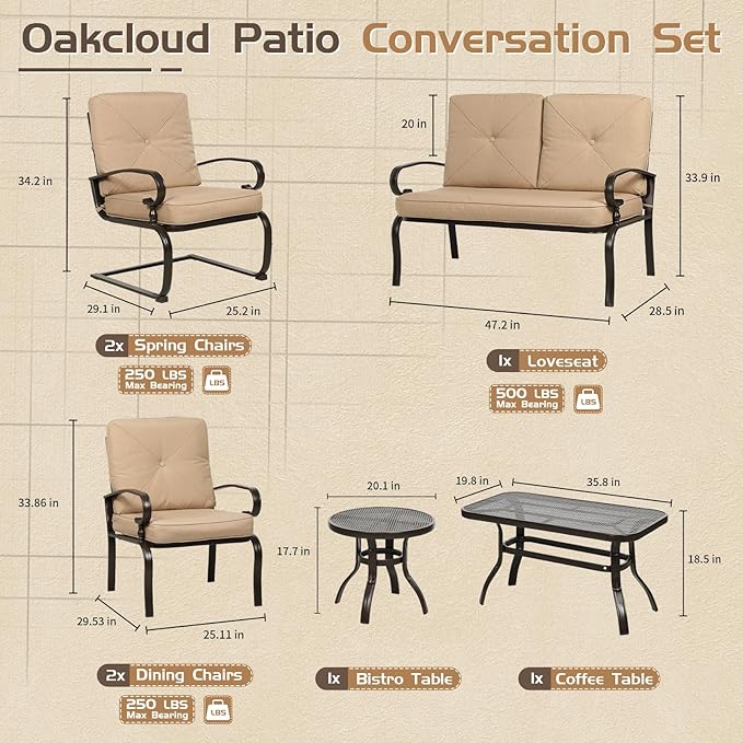 7-Piece Outdoor Metal Furniture Sets Patio Conversation Set, Wrought Iron Loveseat, 2 Dining Chairs, 2 Spring Chairs and Coffee Table, Brown