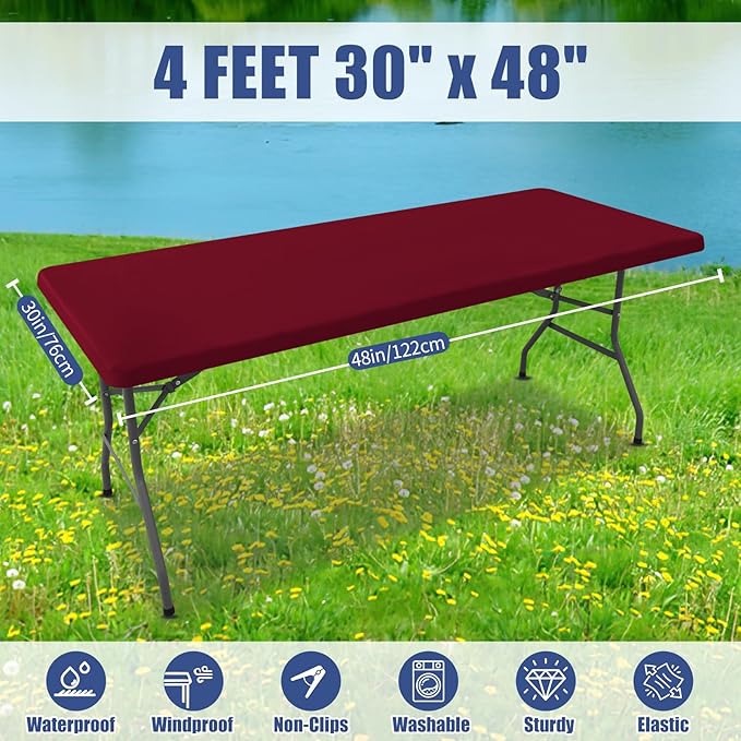 Moosfor Spandex 4 Foot Rectangle Table Cloth 2 Pack, Elastic Fitted Tablecloths for Picnic, Stretch Washable Patio Table Cover for Outdoor, Camping, Banquet and Parties (Wine Red, 30"x48")