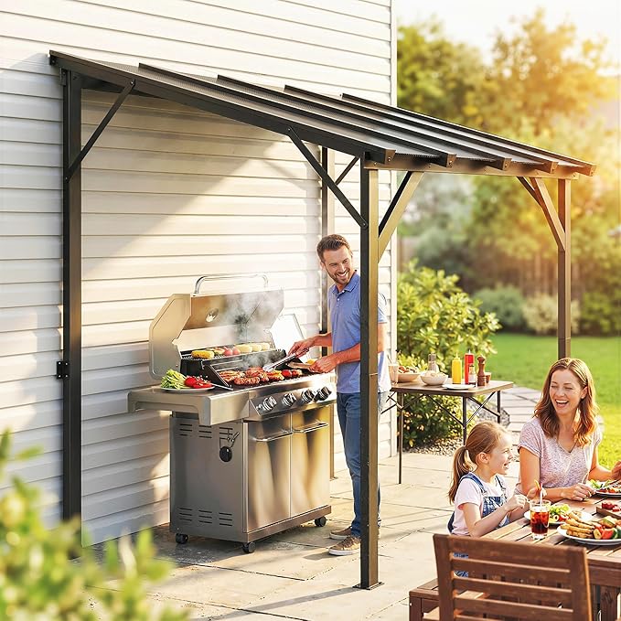 Outsunny 8' x 5' Hardtop Grill Gazebo, Lean-to BBQ Gazebo Shelter, Wall-Mounted Pergola with Polycarbonate Roof and Steel Frame, for Outdoor, Patio, Lawn, Garden, Patio, Backyard