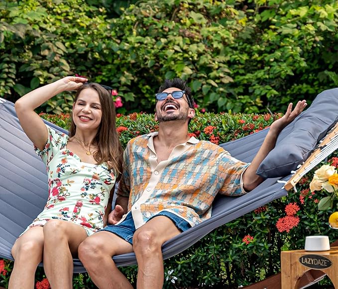 Lazy Daze Hammocks 2 Person Hammock with 12FT Stand for Outside, Quilted Double Hammock with Detachable Pillow, Balance Strap & Carrying Bag Included, 450lbs Capacity, Easy Tool-Free Assembly, Grey