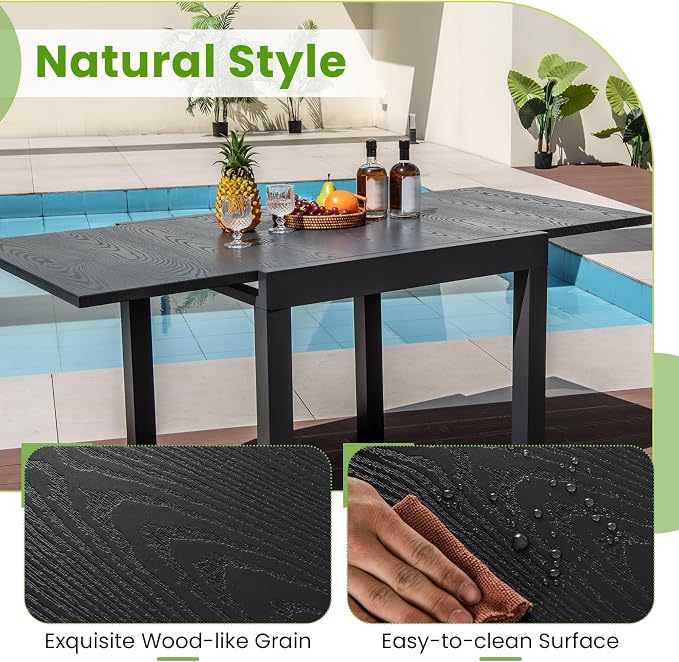Tangkula 31.5"-63" Extendable Patio Dining Table, Aluminum Adjustable Outdoor Dining Table for 4-6 People, L-Shaped Brace Included for Fixation, Space-Saving Outside Table for Garden, Porch, Poolside