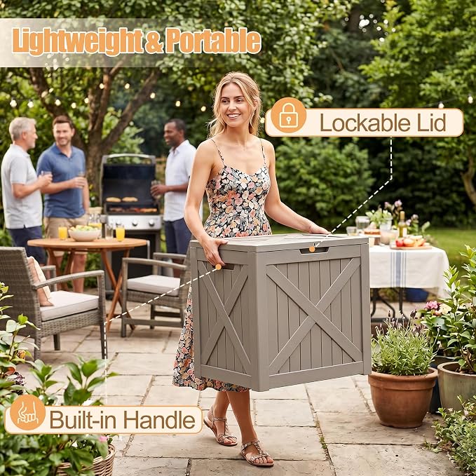 35 Gallon Waterproof Resin Deck Box, Outdoor Lockable Storage Bins Container Container for Patio Cushions Garden Tools Delivery Box, Grey