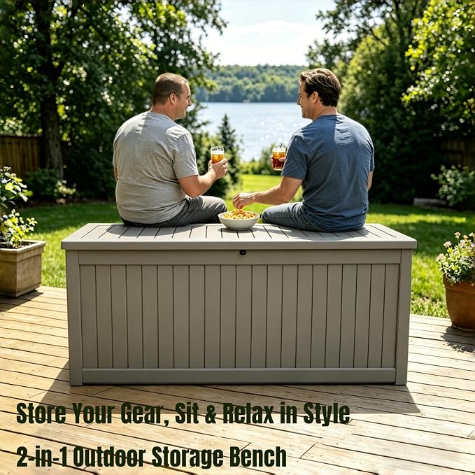 271 Gallon Large Resin Outdoor Storage Box, Waterproof Deck Box, Lockable Deck Container with Reinforced Support, Outdoor Chest for Patio Accessories, Outdoor Cushions, Garden Tools, Taupe Gray
