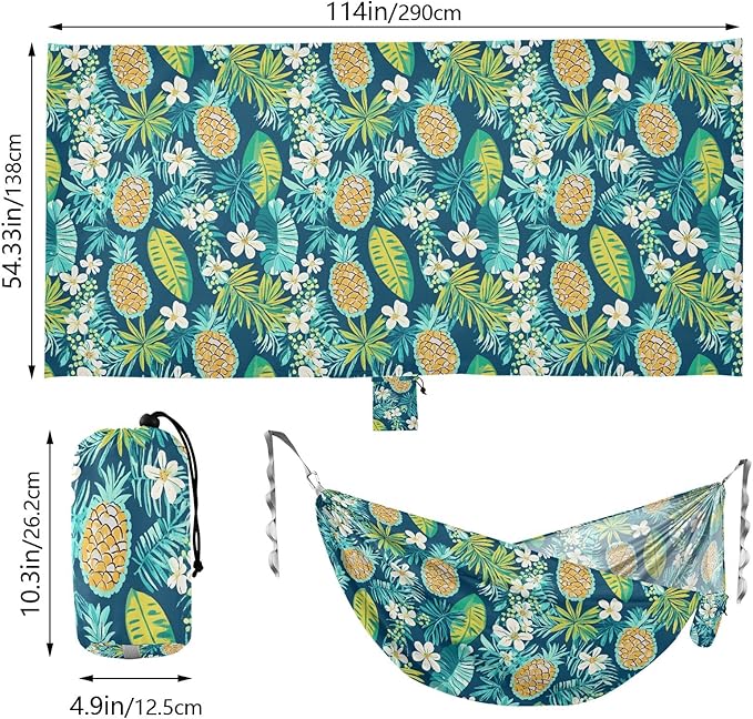 Camping Hammock Outdoor Hammocks for Outside Pineapple Flower Green Beach Trees Portable Lightweight with Pockets Tree Straps Indoor