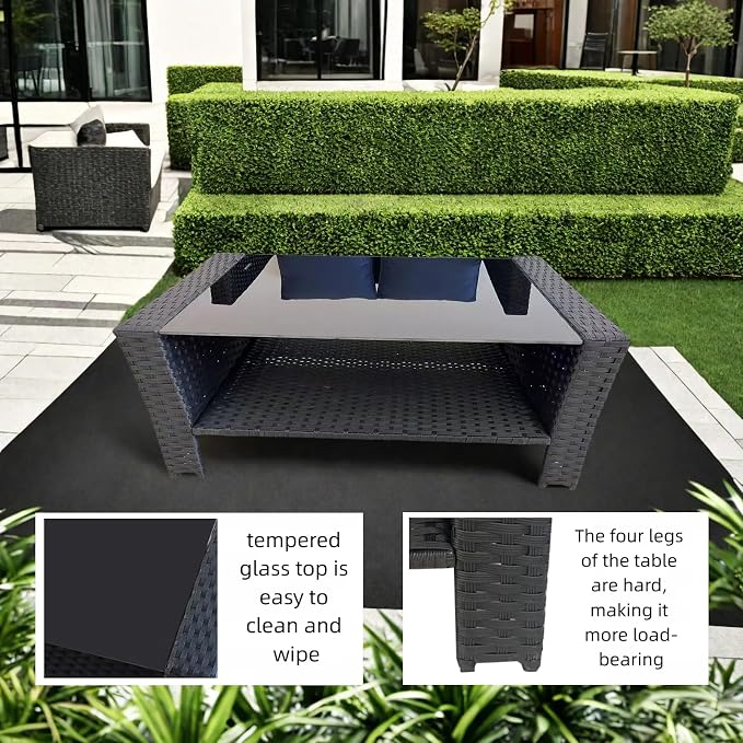 4 Piece Patio Furniture Set, All-Weather Wicker Sectional Conversation Set with Tempered Glass Table & Cushioned Sofa,Outdoor Sofa for Garden, Porch, Backyard (Black-Blue)