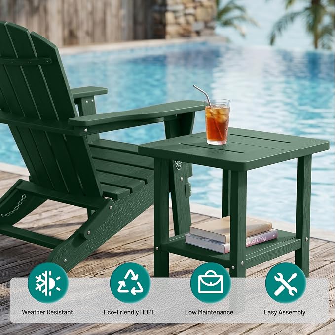 PLUUV Outdoor Side Table, 2-Tier Storage Patio Side Table, All Weather HDPE Adirondack End Table Outdoor for Patio, Garden, Balcony & Living Room, Dark Green