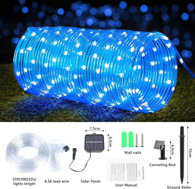 Jnaurb Solar Rope Lights, 33ft 100LED Solar String Lights, 8 Modes Waterproof Solar Outdoor Light, Flexible Clear Trampoline Light for Garden Backyard Patio Deck Porch, Pool Tree Decoration - Blue