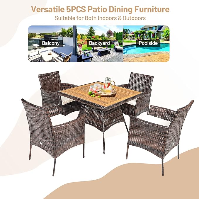 Tangkula 5 Pieces Wicker Patio Dining Set, Outdoor Acacia Wood Dining Furniture with 4 Armrest Chairs & 1 Dining Table, Rattan Conversation Set with Cushions & Umbrella Hole for Backyard Garden Porch