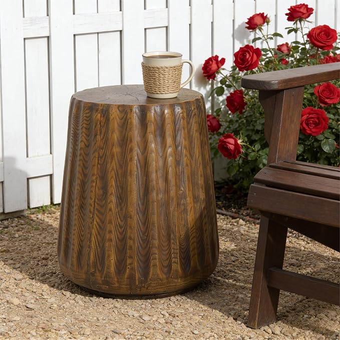 Christopher Knight Home Caded Lightweight Concrete Round Coffee Table, Indoor and Outdoor Side Table for Living Room, MGO Small Side Table, Tree Stump Style, No Assembly Needed, Brown
