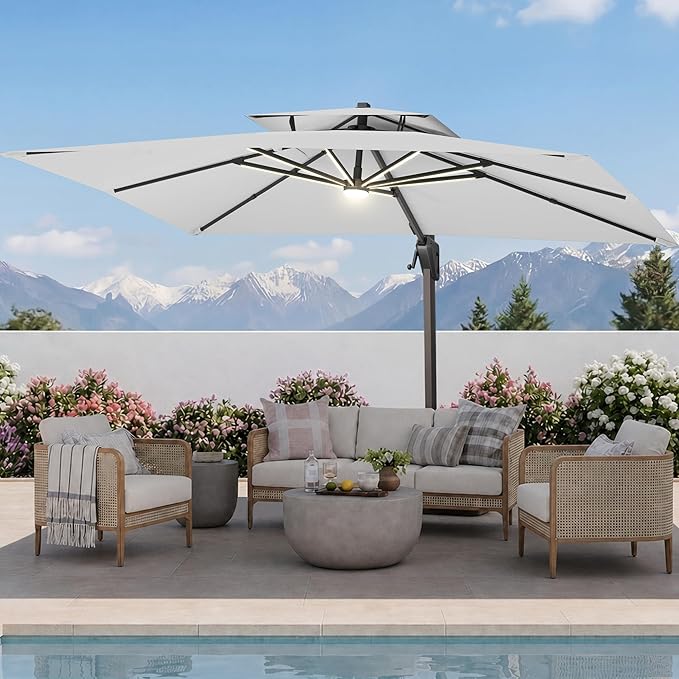 10 X 13 FT Cantilever Patio Umbrella with Led Lights Heavy Duty Windproof Double Top Large Rectangle Offset Umbrellas with 360-degree Rotation for Garden Pool Deck Backyard, Foggy Grey