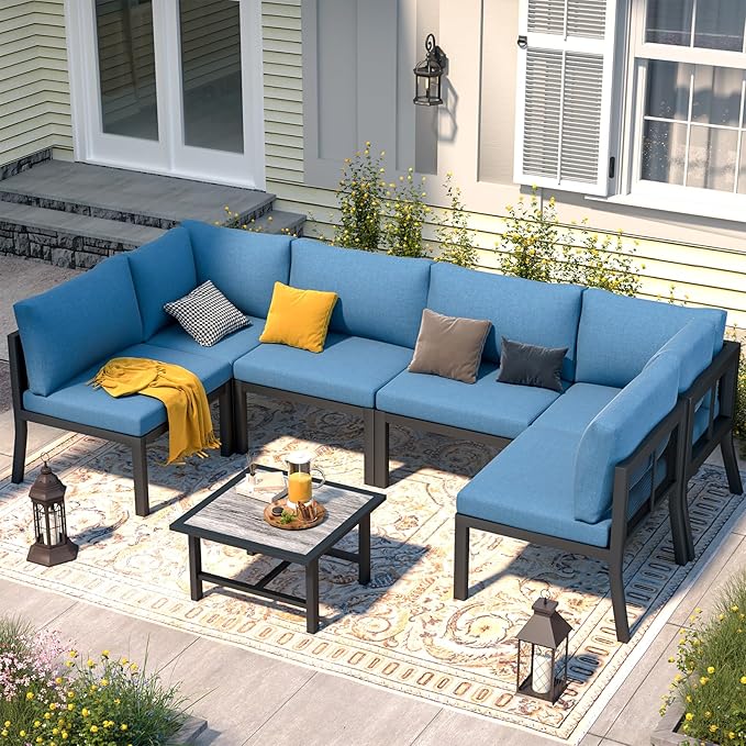 AECOJOY 7 Pieces Patio Furniture Set, Metal Mesh Fabric Outdoor Conversation Sets with Cushions and Wooden Table, Metal Outdoor Sectional Furniture for Backyard, Balcony, Lawn, Garden (Blue)