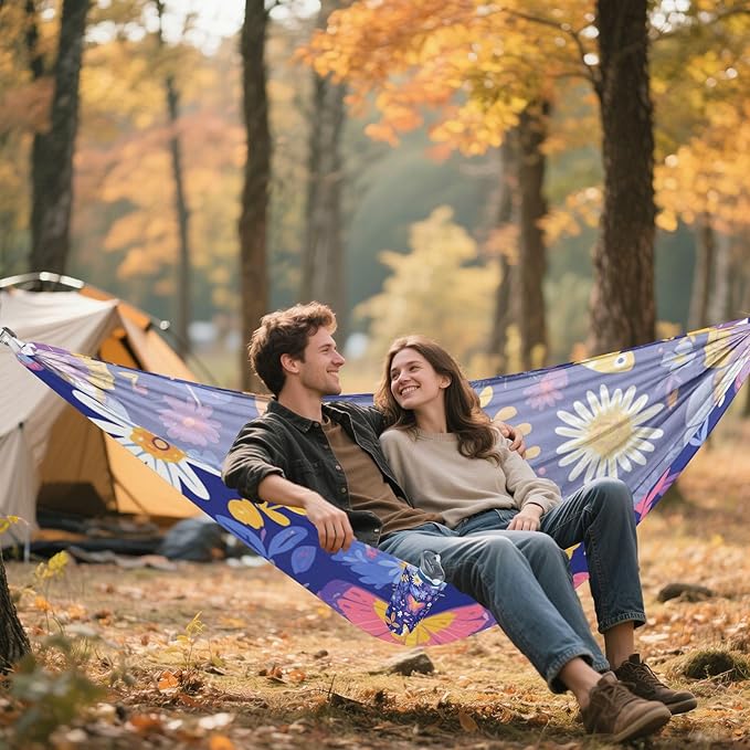 Cartoon-Style Butterflies Insects Bright Colors Leaves Flowers Childlike 330lb Capacity Camping Hammocks with Hanging Rope Hanging Hammock for Outside Patio Garden hamaca inflable para Piscina