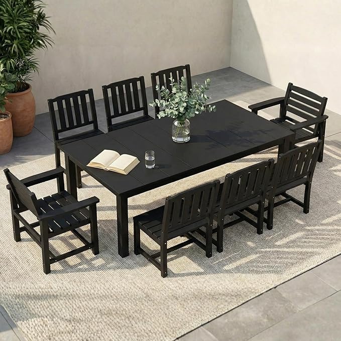 HDPE Outdoor Dining Set for 8, 9-Piece Outdoor Dining Table Set with 2" Umbrella Hole, Patio Table and Chairs Set with Aluminum Frame & Legs (Black)