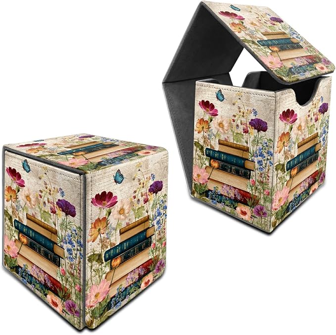Vintage Flower Books Card Deck Box for MTG, Personalized Card Storage Case Fits 120+ Sleeved Cards, Premium Leather TCG Box with Strong Magnetic Closure for Magic, CCG, PTCG, Baseball Cards