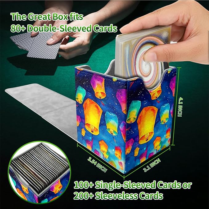 Deck Box for MTG, Cards Storage Box Fits 120+ Sleeved, Leather Medium Size Strong Magnetic Closing Card Case for Board Games Magic TCG CCG Baseball Collection, Blue Lantern